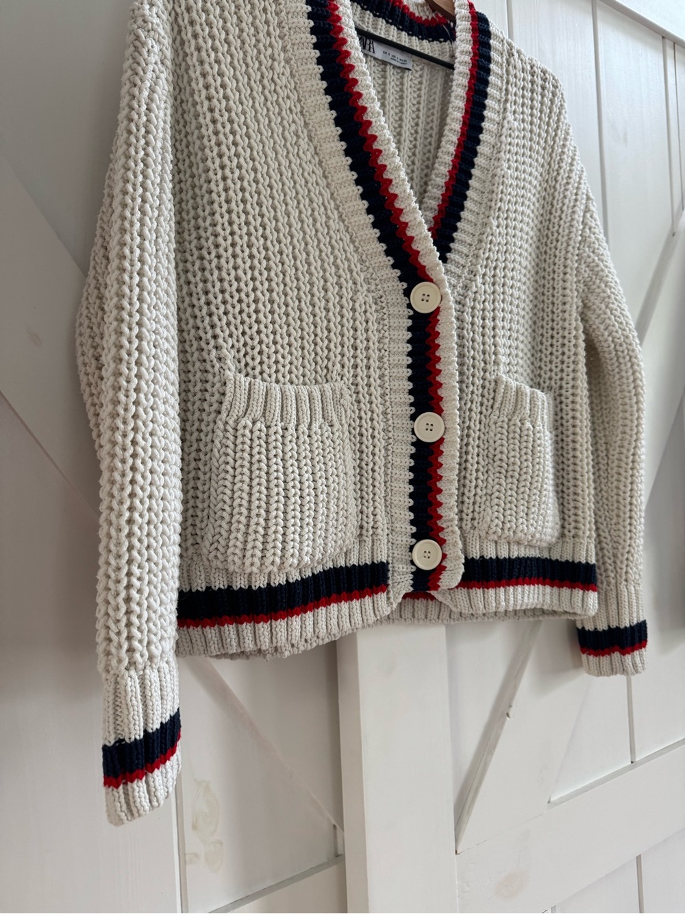 Zara Americana Chunky Knit Cream Cardigan Varsity Stripe Sweater - Picture 4 of 7